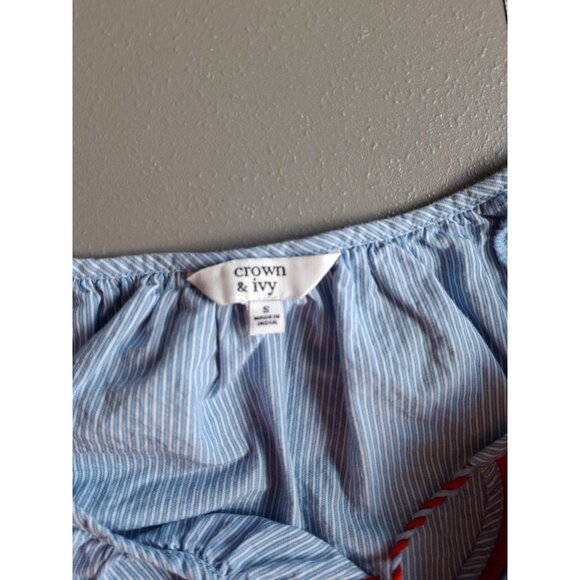 Crown & Ivy Womens Peasant Top SBlue Stripe Red Embroidery 3/4 Sleeves Boho - Picture 3 of 5